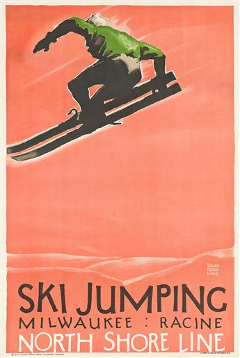 WILLARD FREDERICK ELMES (1900-1956). SKI JUMPING / NORTH SHORE LINE. 1928. 41½x27¾ inches, 105x70½ cm. Illinois Litho. Co., Chicago.             